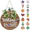 Interchangeable Seasonal Welcome Sign Front Door Decoration, Rustic Round Wood Wreaths Wall Hanging Farmhouse for Christmas