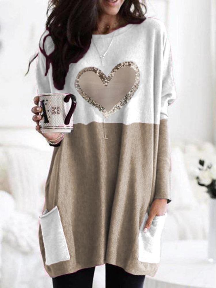 2026 Women Love Print Round Neck Tee Loose Long Sleeve Contrast Colors Wish