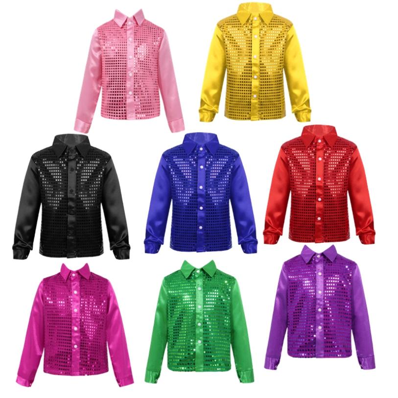 Kids Shiny Sequins Shirt Boys Children Hip-hop Jazz Dance Performance Shirt Stage Dance Blouse