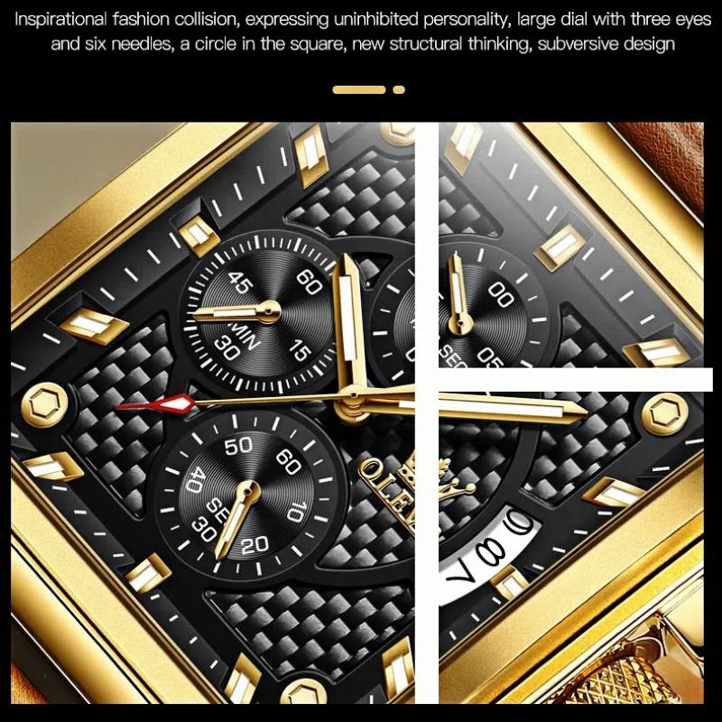 Студенческие модные кварцевые часы, водонепроницаемые, светящиеся, с тремя глазами, с прямоугольным циферблатом, с календарем, мужские деловые часы