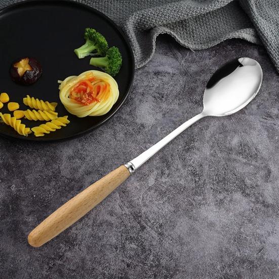 Ложка с деревянной ручкой, сервировочные столовые ложки из нержавеющей стали, нержавеющая обеденная ложка для домашней кухни, ресторана, пикника