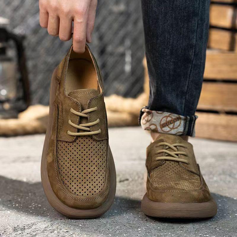 Перфорированная кожаная обувь мужская обувь с отверстиями лето новая мужская обувь кожаная дышащая трендовая универсальная платформа ретро повседневная обувь