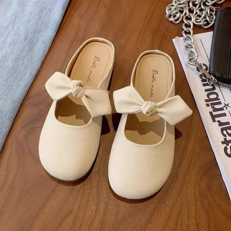 Модные тапочки Baotou с мягкой подошвой, летние новые туфли с круглым носком и бантом, полуподдерживающие одинарные туфли