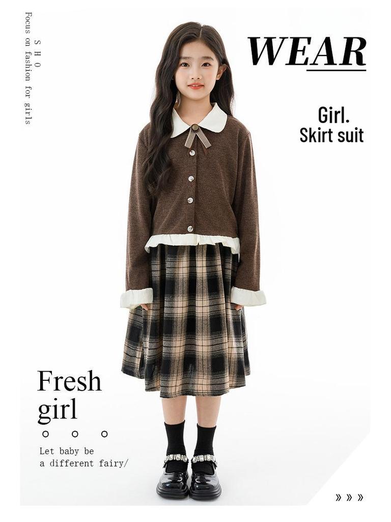 Комплект из двух предметов для девочек: осенняя клетчатая юбка и вязаный кардиган