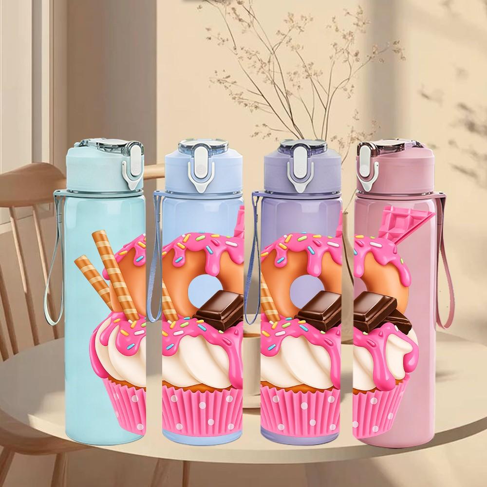 1PC Cupcake Cartoon Pattern 750ml Color Plastic Sports Water Bottle Leakproof Flip Straw Lid Suitable for Sports Office Home Use