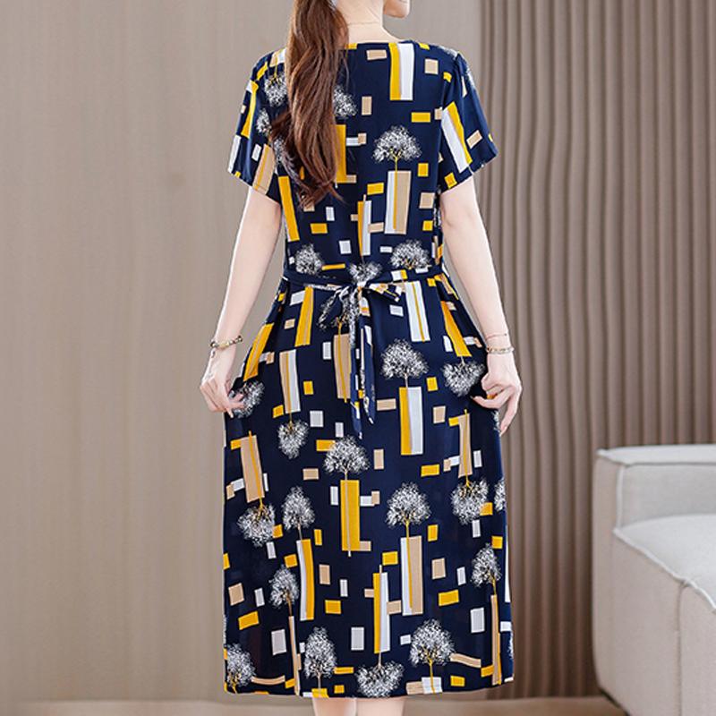Летнее винтажное платье для женщин, повседневные платья больших размеров с короткими рукавами и поясом, элегантная женская одежда среднего возраста