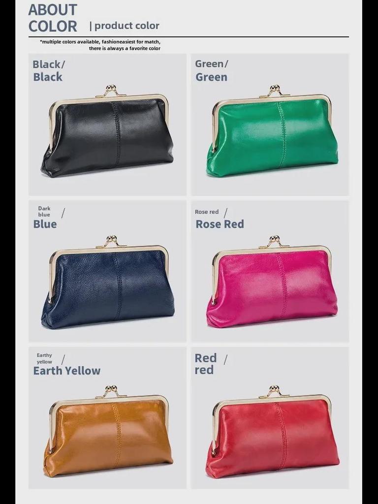 Women's Retro Long Genuine Leather Wallet Handbag - Large Capacity, Waxed Gold Clip Style