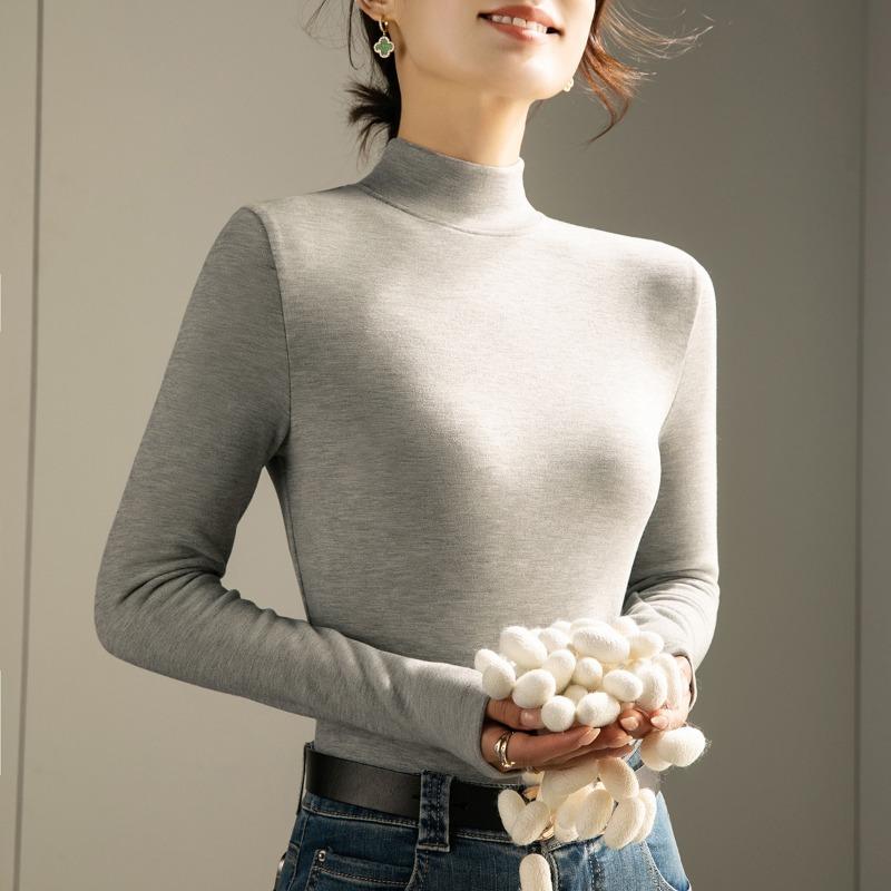 Wool Silk Mid-neck Bottoming Shirt Women's New Warm Fleece Autumn Clothes with White Long-sleeved T-shirt Thermal Top