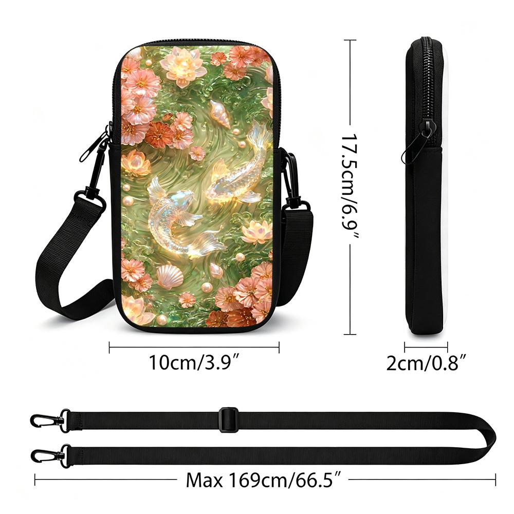 Elegant Koi Fish and Lotus Flower Pattern Crossbody Phone Bag, Aesthetic Floral Print Small Shoulder Pouch, Christmas Gift Holiday Party Accessory