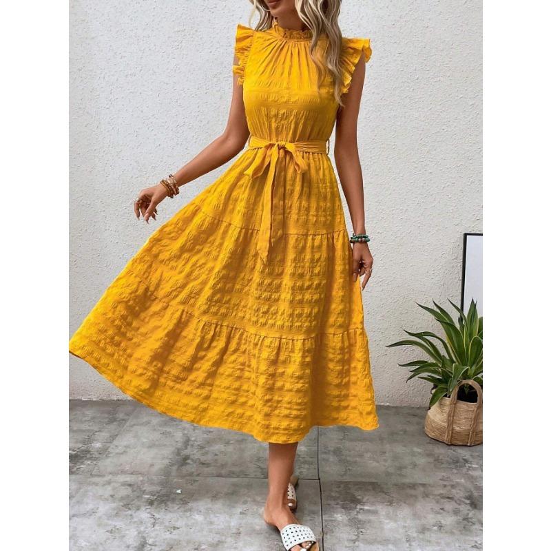 VEZFAA Женская мода лето весна однотонный принт с коротким рукавом Половина водолазки с высокой талией повседневные платья