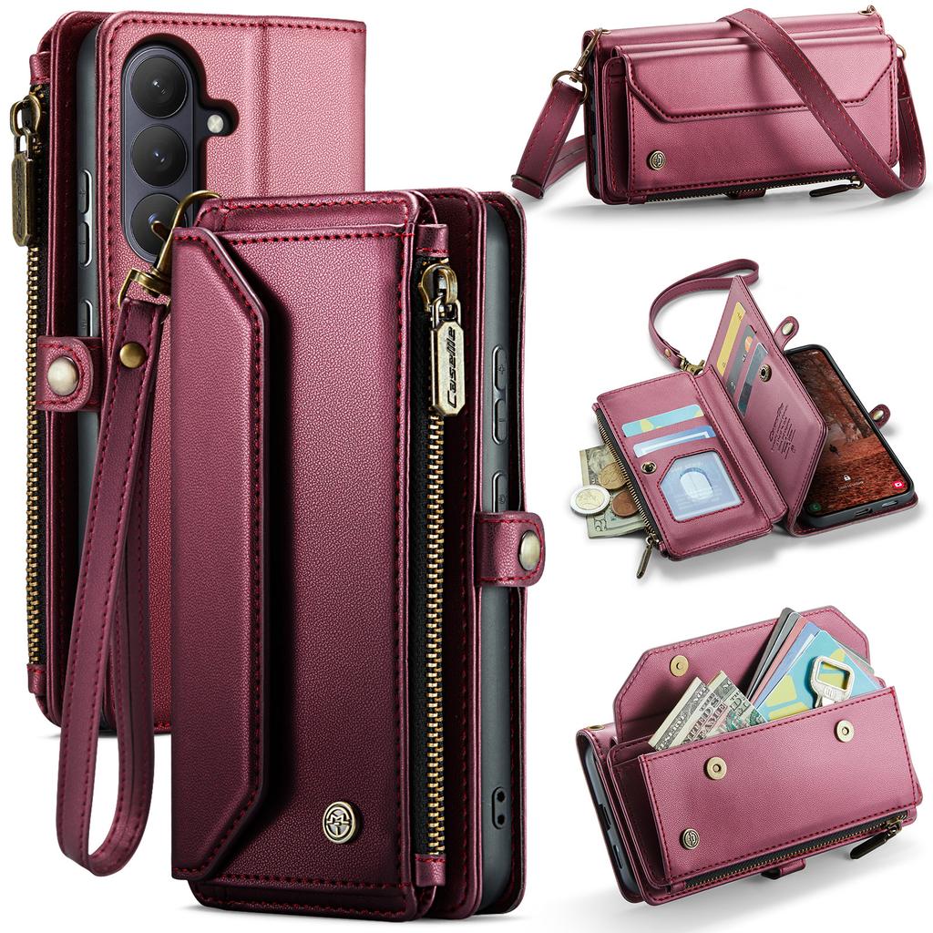 For Samsung Galaxy S26 Leather Case CASEME C36 Zipper 10 Card Slots Phone Cover with Straps