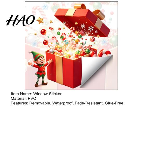 Glass Door Stickers Christmas Elf Gift Box Static Window Clings, Reusable Stickers, Holiday Clings Candy Cane Snowflake for Home Shop Decor Decals