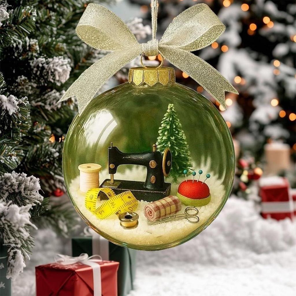 Vintage Sewing Snow Globe Christmas Tree Ornament, Hangable Holiday Decoration for Home, Office, Balcony, Tailor Shop Decor