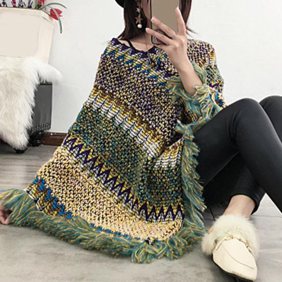 Bohemian Autumn Knitted Coat Knitted Comfy Autumn Winter V Neck Colorful Irregular Hem Cloak Coat Sweater