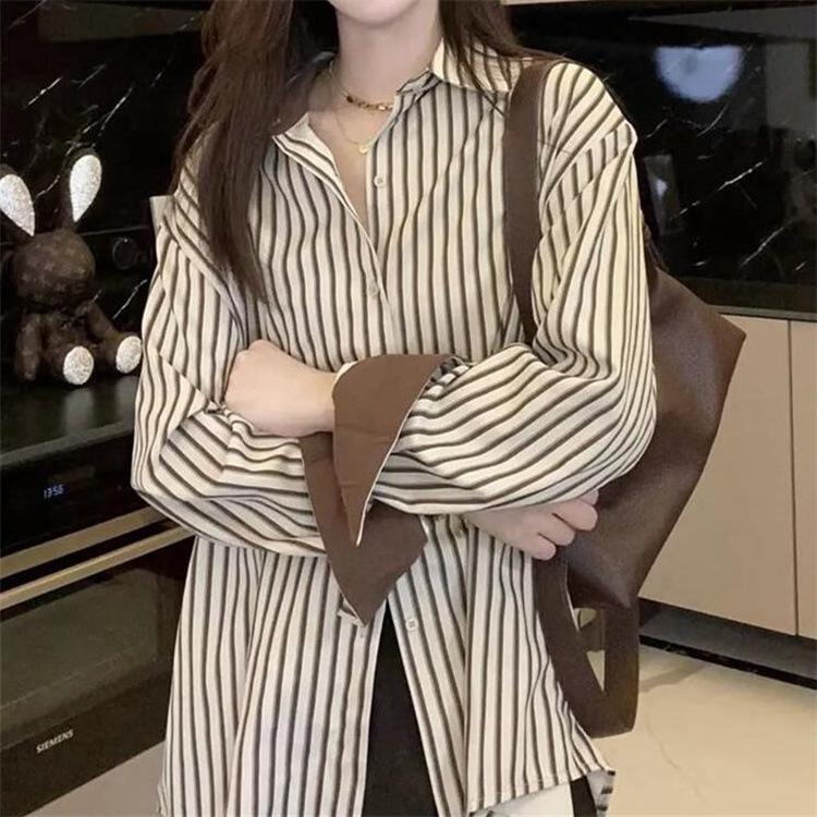 Early Spring Clothing Vertical Striped Shirt Female Long-sleeved Design Sense Niche Retro Hong Kong Flavor Stacked Shirt Female Comfortable Clothes
