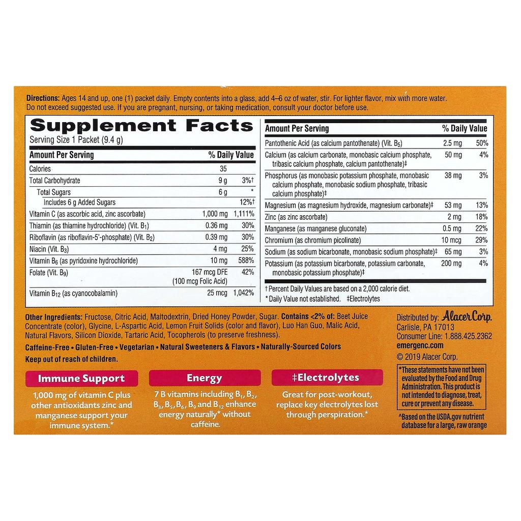 Emergen-C Витамин С, Ароматизированная газированная смесь для напитков, Вкус розового лимонада, 1000 мг, 30 пакетиков, 9,4 г (0.33 унции)