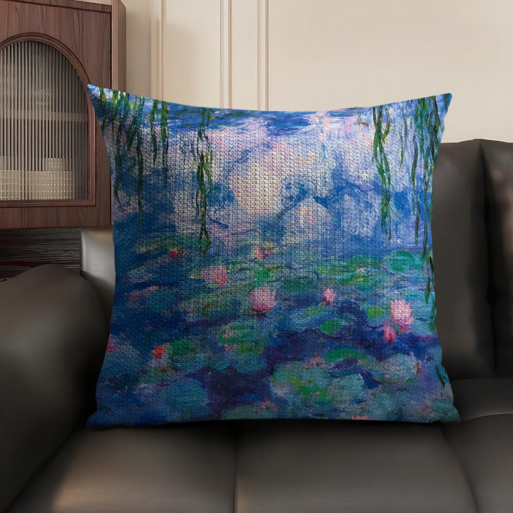 Monet Water Lilies Oil Painting Cushion Cover Linen Organic Fabric DoubleSided Printing Sofa Breathable Home Decor Pillow Case