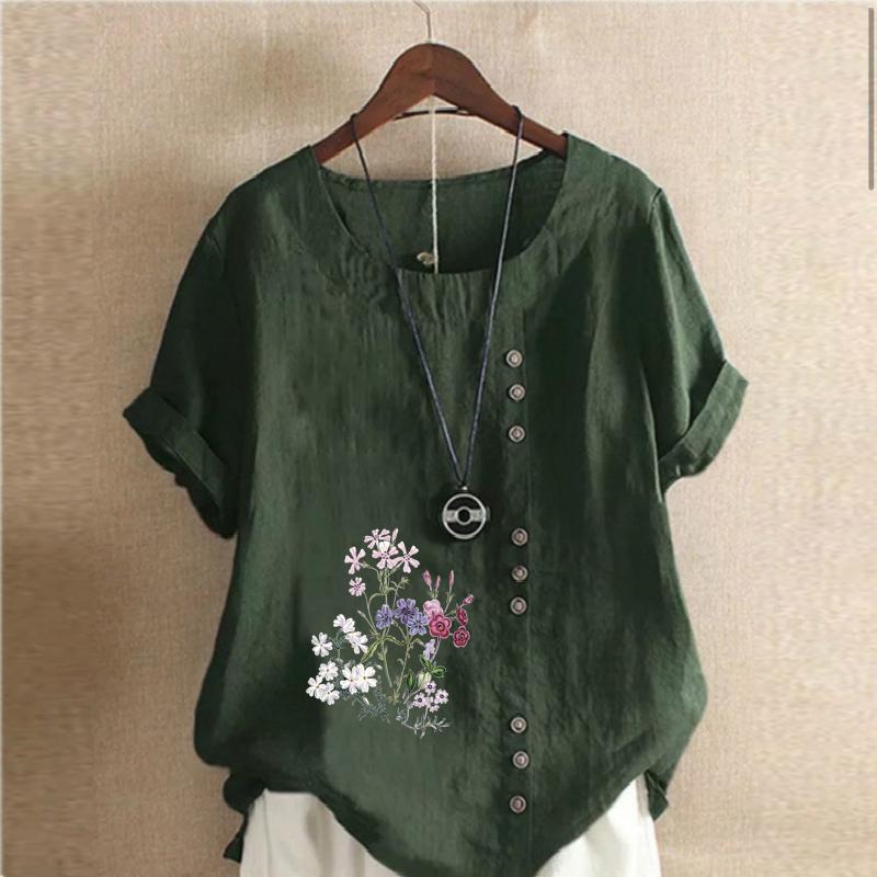 Women's Fashion Flowers and Plants Prined Short Sleeve T-shirt Loose Cotton Shirt Casual Loose Summer Blouse Tops Plus Size