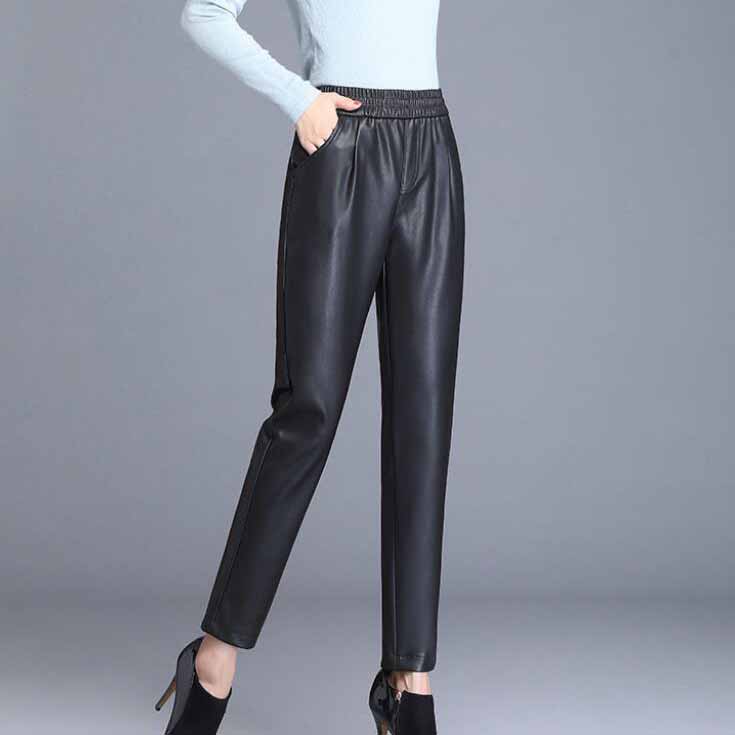 Plus Velvet Thick High Waist PU Leather Pants Women's Loose Wide Leg Pants Nine Points Harem Pants Trousers