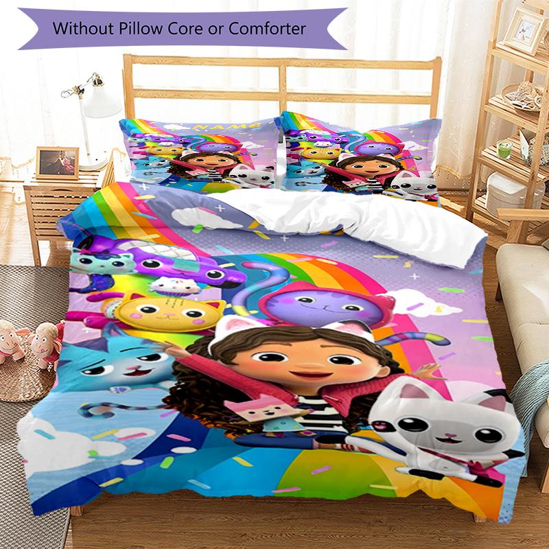 3pcs Custom Name Gabby's Dollhouse Bedding Set Duvet Cover Closure Includes 1 Duvet Cover & 2 Pillowcases, Soft and Comfortable for All Seasons.