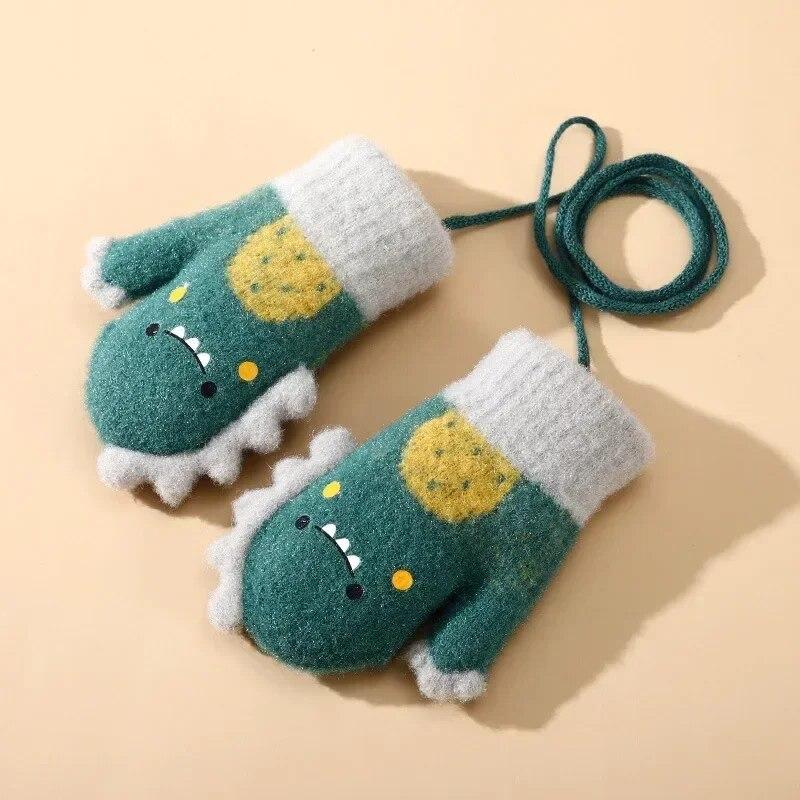 Cartoon Dinosaur Baby Gloves Warm Autumn Winter Kids Girl Boy Full Finger Gloves Knitted Thick Outdoor Children Toddler Mittens