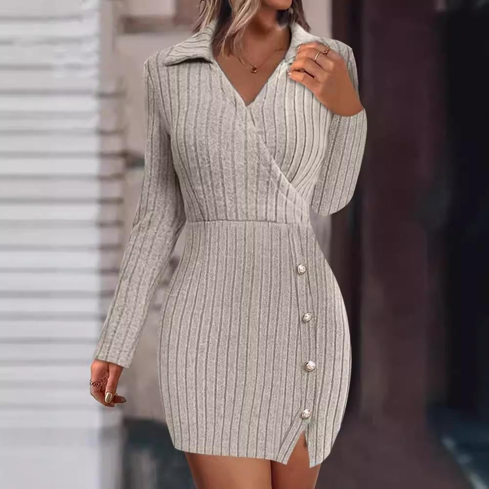 YYFS Women's Fashion Fall Winter Solid Color Print Long Sleeve POLO-Neck Casual Dresses