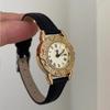 Vintage Women's Watch Gold Engraved Bezel Roman Numerals Quartz Watch Elegant Women's Wristwatch Leather