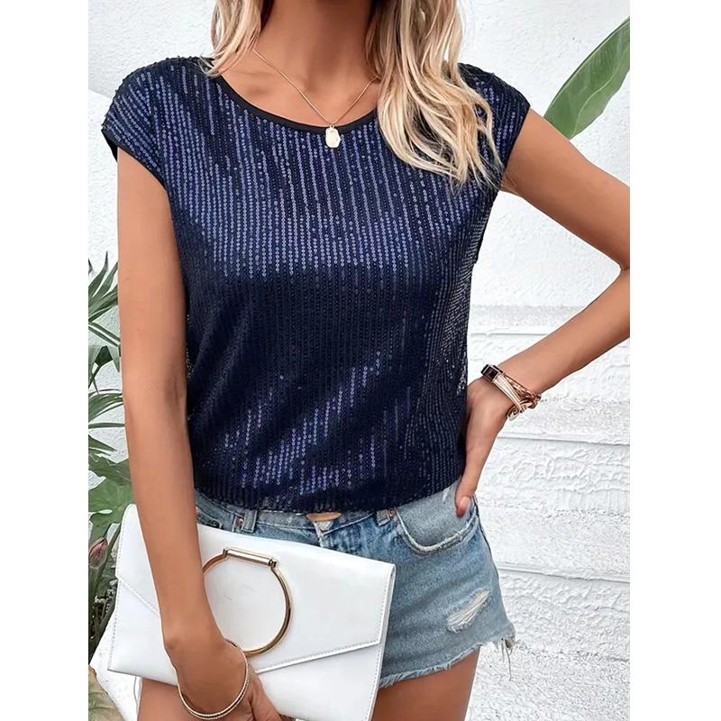 Женская мода, повседневная футболка с круглым вырезом и блестками, пуловер с короткими рукавами, топ