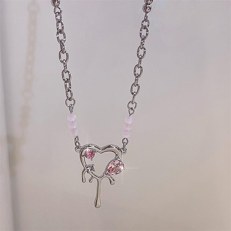 17KM Sweet Pink Zircon Pendant Necklace Heart Bow Chain Choker for Women Jewelry Accessories