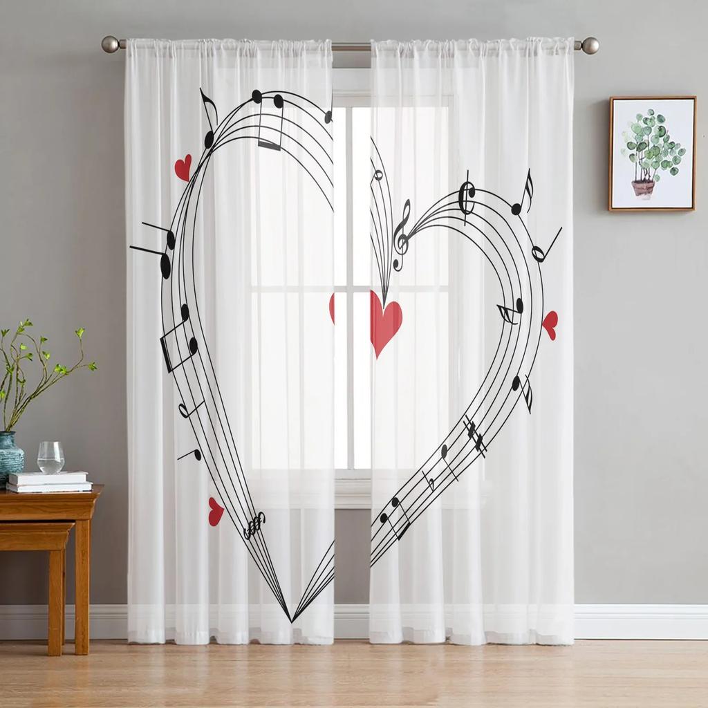 Music Notes Black Chiffon Sheer Curtains for Living Room Bedroom Home Decoration Window Voiles Tulle Drapes Curtain