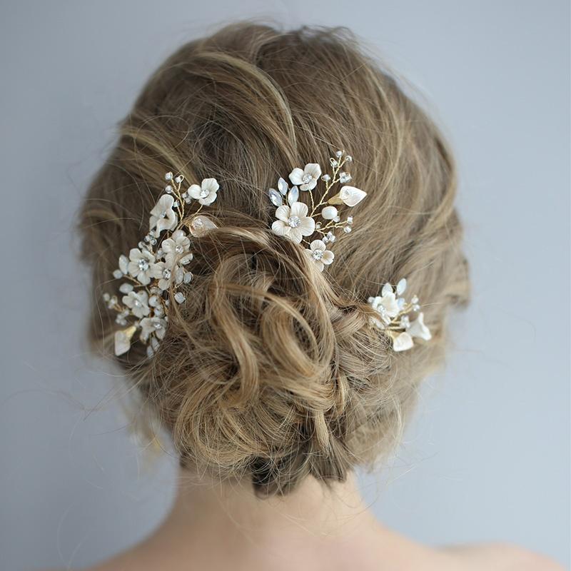 Handmade Ceramic Flower Rhinestone Bridal Hair Clip Women's Wedding Headpiece Bobby Pin Jewelry Alloy Material