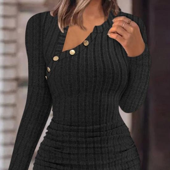 Женское осенне-зимнее платье, облегающий эластичный пуловер с длинным рукавом и пуговицами, полосатый косой вырез, мягкая оболочка, облегающий пуловер длиной выше колена, весна