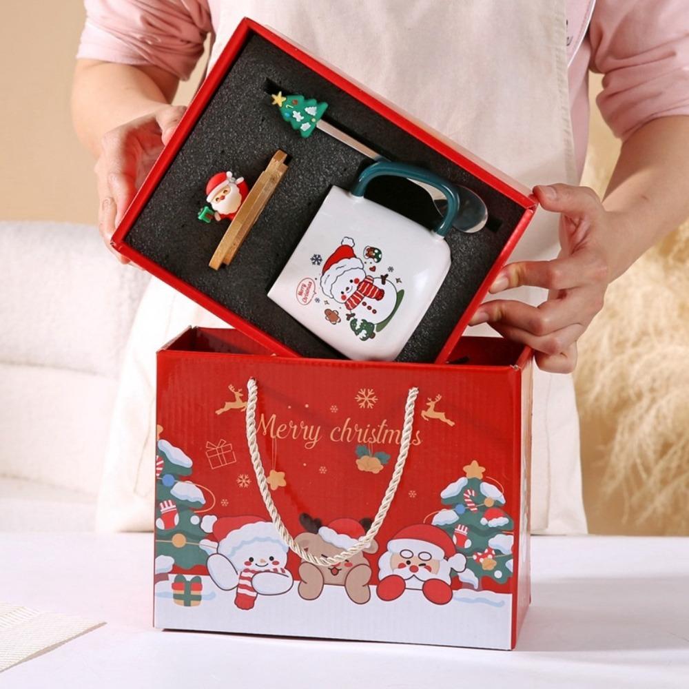 New Merry Christmas Mug Gift Box Ceramic Red Green Cup Spoon Set Party Accessories Wooden Lids Coffee Cup Teaspoon Home Use