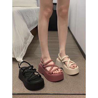 Женские летние новые универсальные сандалии на платформе, сандалии с ремешком-пряжкой на одном слове, увеличивающие рост, с перекрестными ремешками