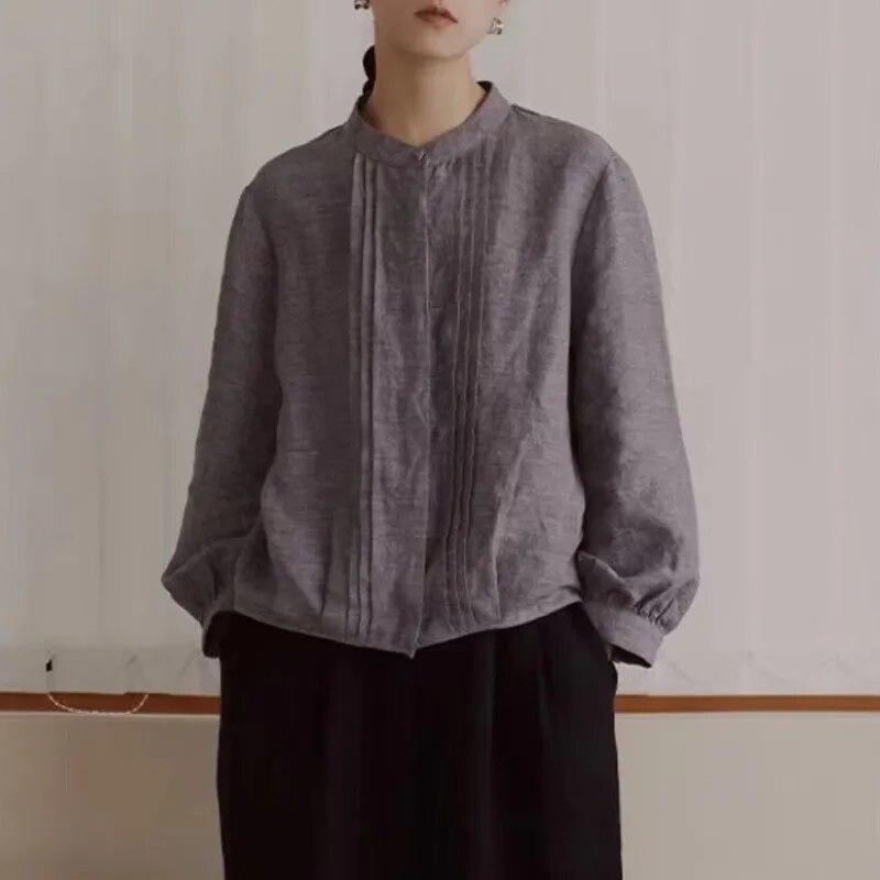 Johnature Весенняя рубашка с длинными рукавами, женские японские литературные универсальные топы с воротником-стойкой