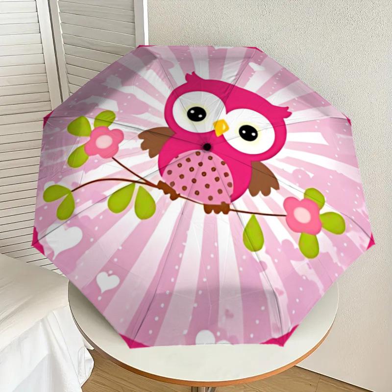 1pc Pink Owl Decor Fashionable Automatic Opening/Closing Folding Umbrella with 8 Iron Bones, Plastic Handle yy251015044