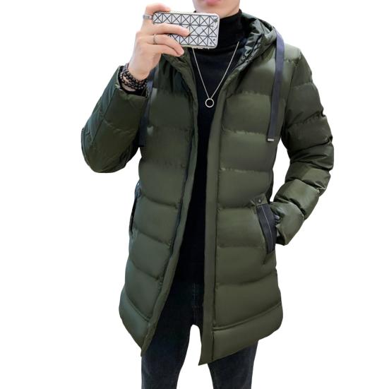 Men Cotton Coat Hooded Long Sleeve Full Zipper Closure Solid Color Jacket with Pockets Mid-length Thickened Quilted Outwear