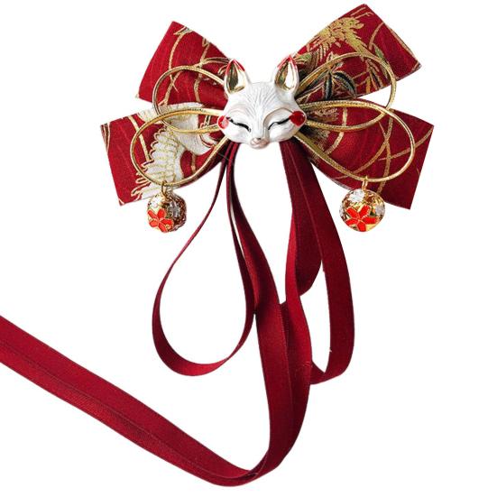 Красная заколка-бантик с кисточками и декором в виде лисы на длинной ленте для празднования китайского Нового года