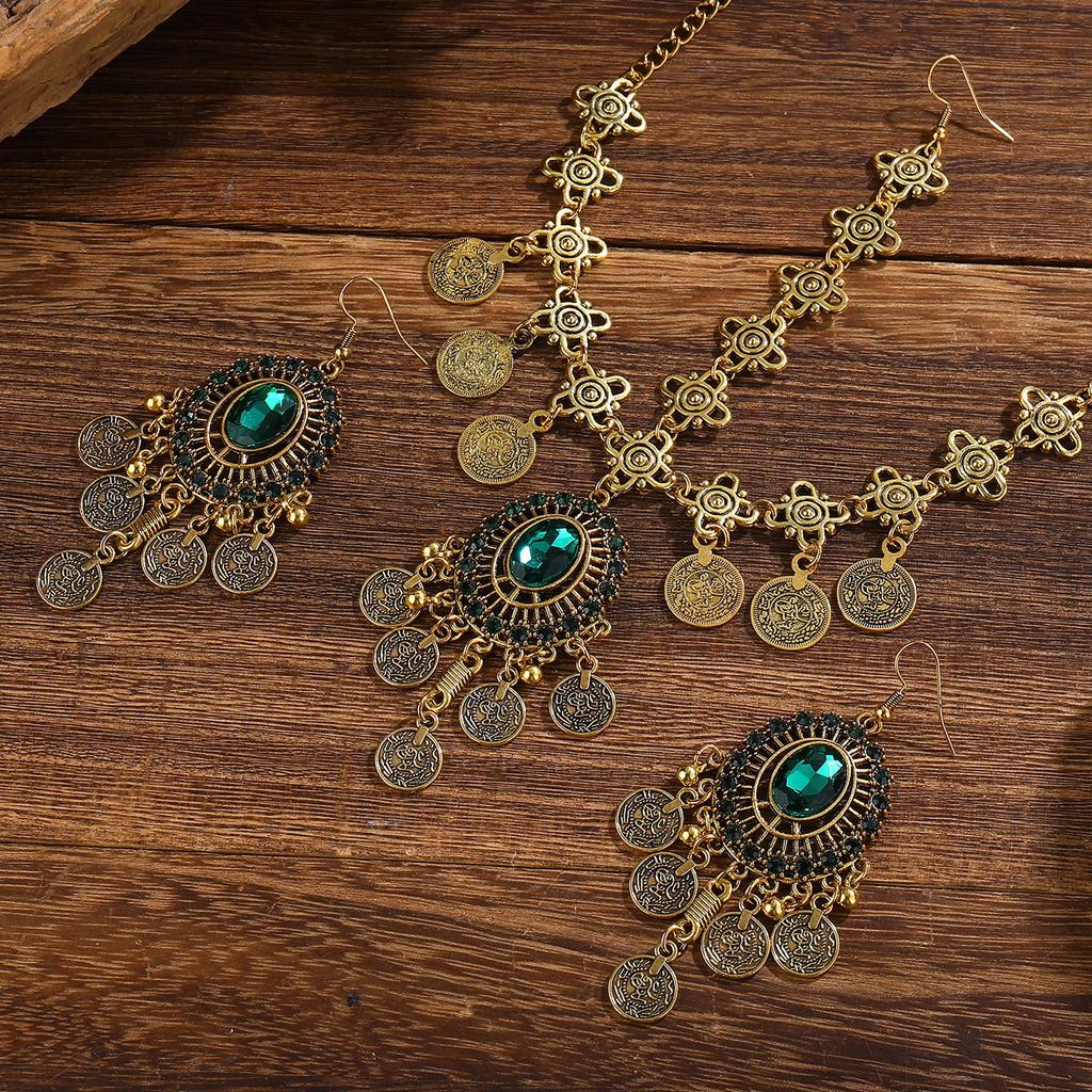 Bohemian Vintage Crystal Rhinestone Head Chain Earrings Set Ethnic Style Hair Accessories for Women
