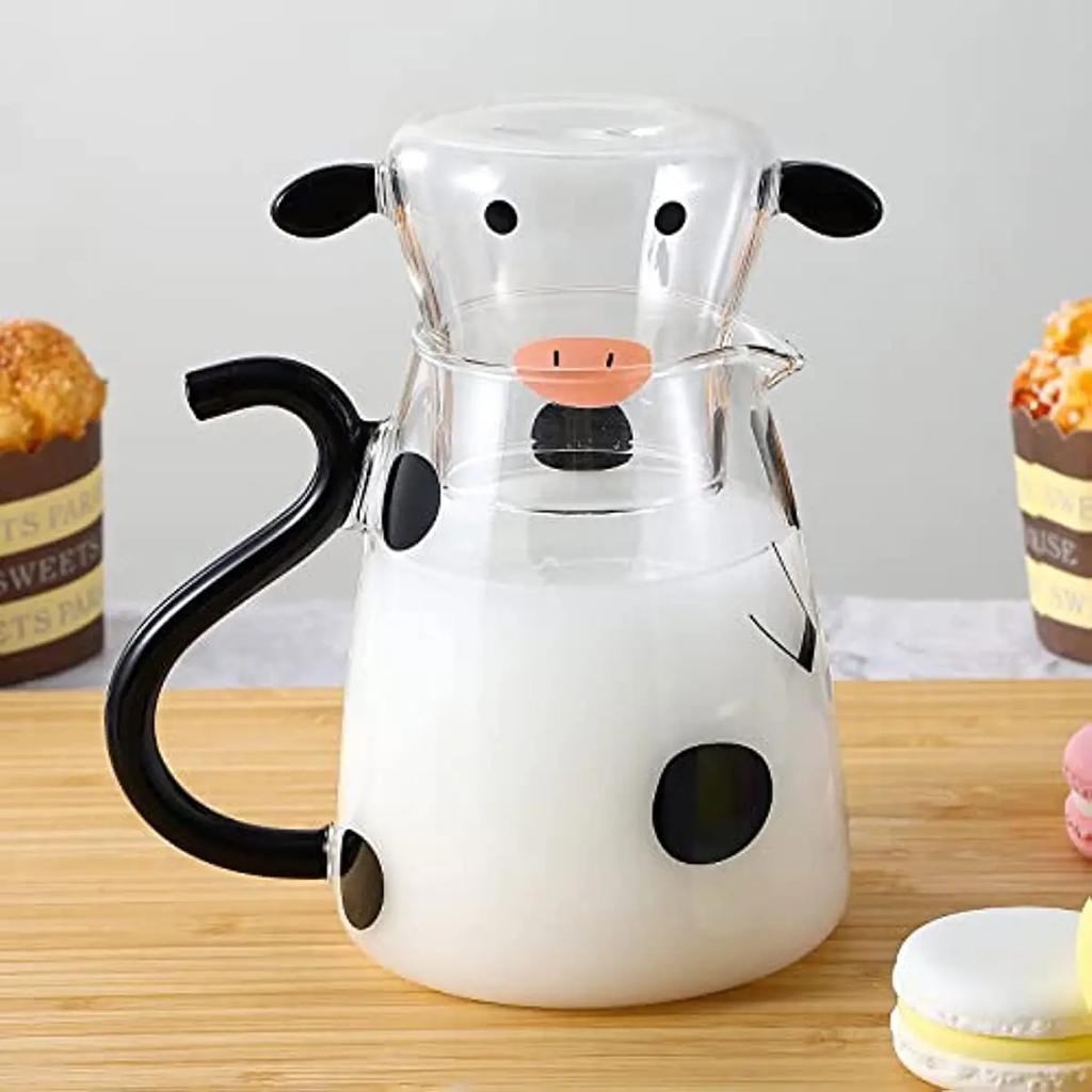 1/2PC 550ml Borosilicate Glass Cow Cold Kettle Set Transparent Water Carafe With Cup Cartoon Coffee Teapot Milk Juice Pitcher