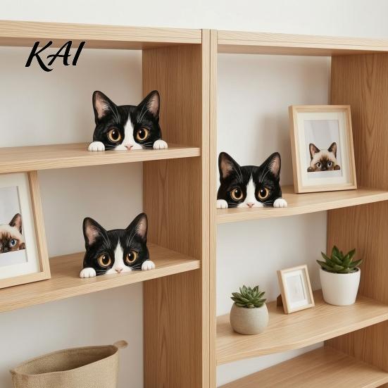 Home Office Desktop Accessories Cute Cat Shelf Sitter Ornament, Wooden Peeking Kitten Figurine, Lover Gift Ideas 2D Flat Decorative Statue for
