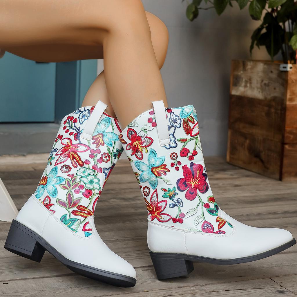 Women Boots Autumn Winter New Styles Fashion Shoes for Women Sweet Embroidery Flower Square Heel Boots Women Zapatos De Mujer