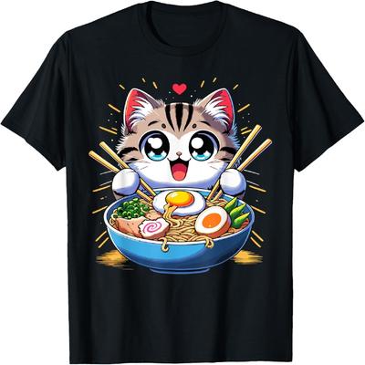 Кавайная кошка Японское аниме Манга Кошка Рамен Футболка