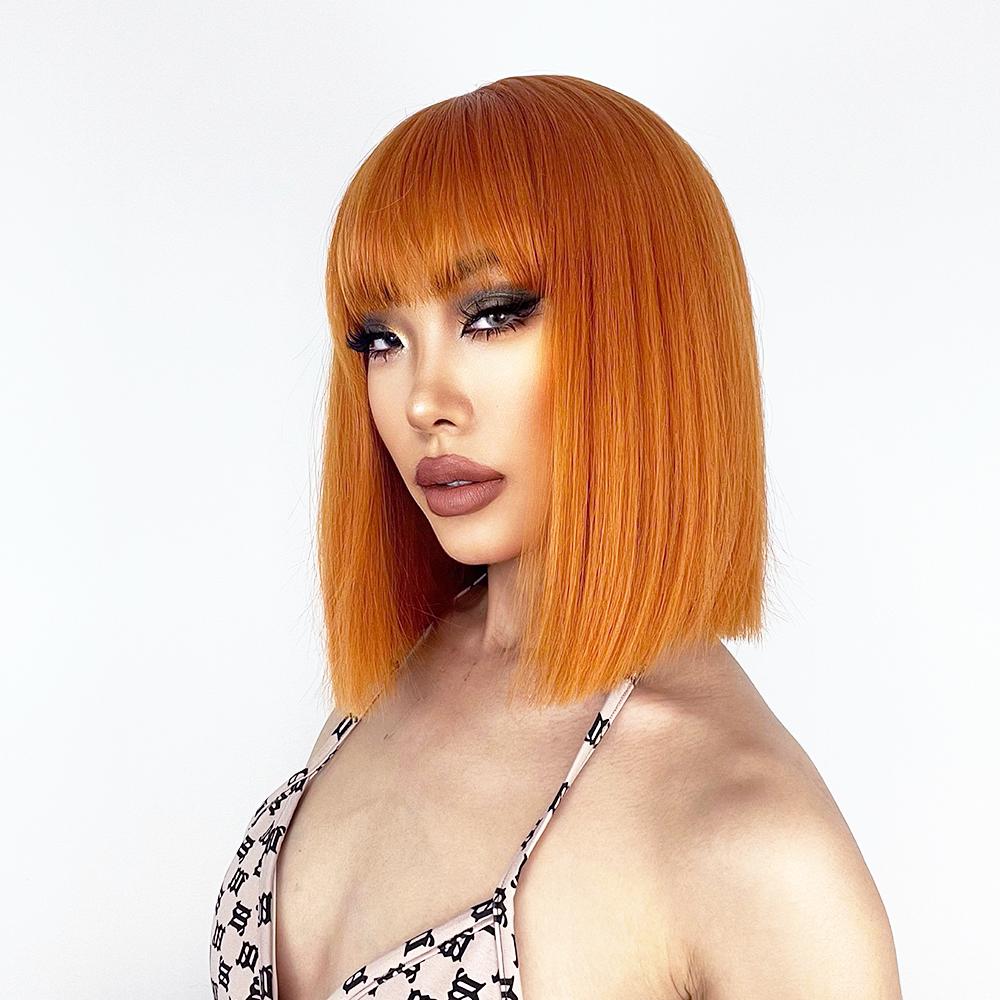 MISS WIG Short Straight Orange Wig With Bangs Synthetic Fiber Wig African American White Female Cosplay/Party/Daily Wig