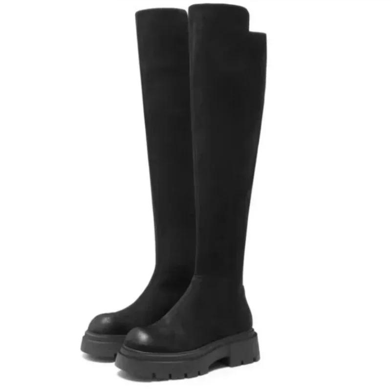 Женская обувь на плоской подошве, плиссированные сапоги-челси выше колена, зимний тренд 2024 года, новые замшевые сапоги-гладиаторы, готические высокие носки, Botas