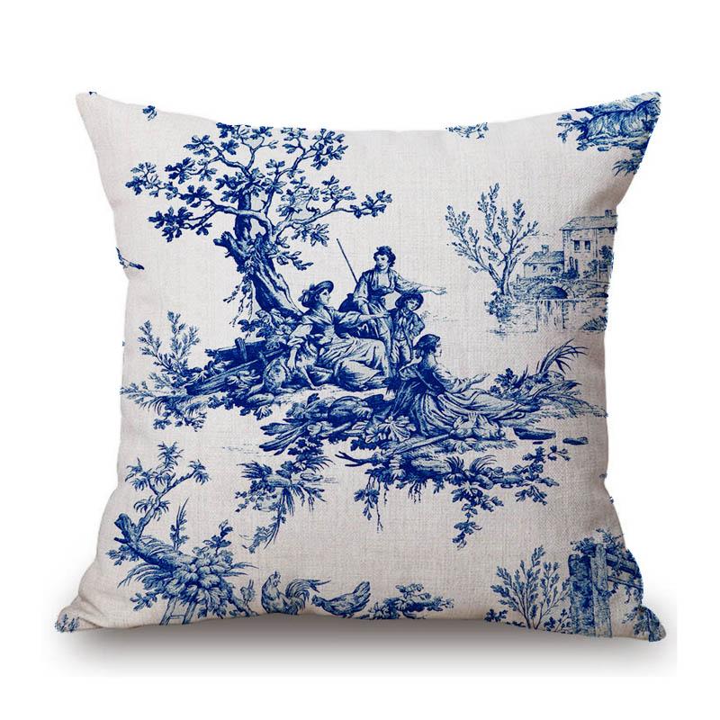 Navy Blue Delft Blue Toile De Jouy Pattern Design Royal Elegant Home Decorative Sofa Throw Pillowcase Cotton Linen Cushion Cover