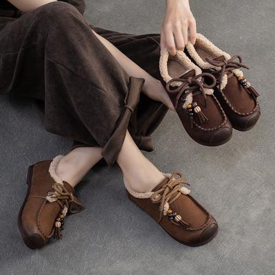 Плюшевые Теплые Хлопковые Ботинки на Шнуровке Ретро Натуральная Кожа Мягкая Подошва Универсальная Женская Обувь