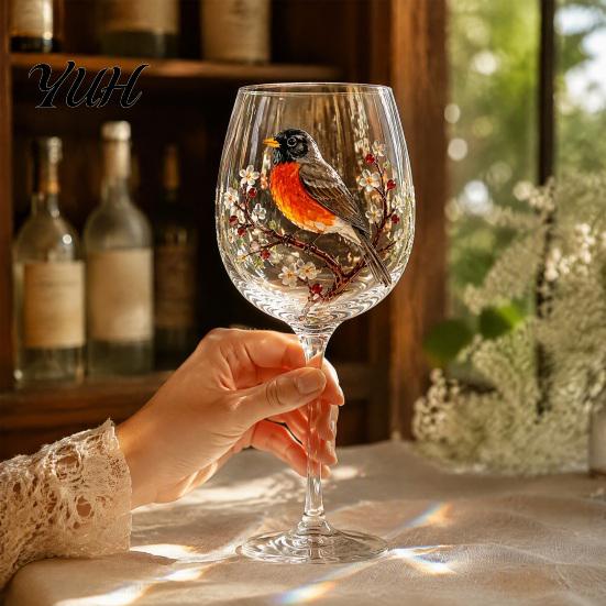 Gift for Mother on Birthday 3D Hummingbird Stemless Goblet, Floral Pattern Elegant Decorative Glass Thoughtful Sister Cup, Garden Inspired Drinkware