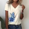 Women's V-Neck Short Sleeve Butterfly Flutter Flower Printed Tops Loose T-Shirt Casual Blouse