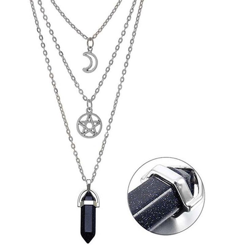 Layered Agate Necklace With Hollow Moon Star Charm For Women Collarbone Jewelry